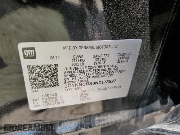 2022 Cadillac XT5 FWD Premium Luxury with VIN 1GYKNCRS0NZ178827, listed as a Copart auction lot 56200975 with 47,774 mi miles and Salvage title. Bid and sale history available at DreamBid. Image 13.