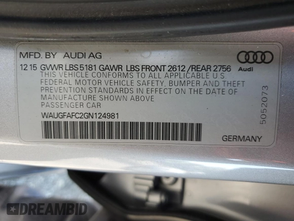 2016 Audi A6 2.0T Premium Plus with VIN WAUGFAFC2GN124981, listed as a Copart auction lot 43656653 with 74,400 mi miles. Bid and sale history available at carsss.com. Image 14.