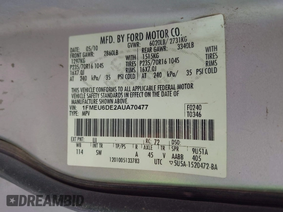 2010 Ford Explorer XLT с VIN 1FMEU6DE2AUA70477, выставлен на аукционе IAAI как лот 42588580 с пробегом Не указан миль и . История ставок и продаж доступна на DreamBid. Изображение 9.