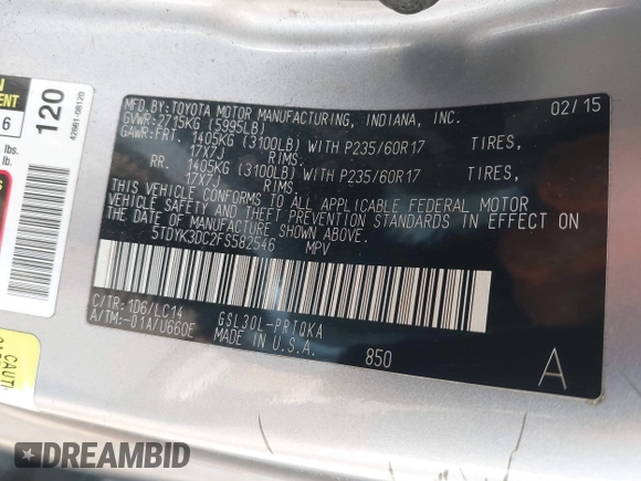 2015 Toyota Sienna XLE with VIN 5TDYK3DC2FS582546, listed as a IAAI auction lot 42443288 with 274,214 mi miles and . Bid and sale history available at DreamBid. Image 9.