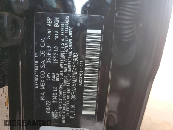 2022 Kia Rio S with VIN 3KPA25AD7NE481988, listed as a Copart auction lot 63875084 with Not Provided miles and Clean Title. Bid and sale history available at DreamBid. Image 12.