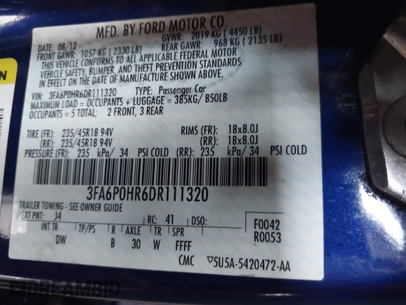 2013 Ford Fusion SE with VIN 3FA6P0HR6DR111320, listed as a IAAI auction lot 42730588 with 172,343 mi miles and . Bid and sale history available at DreamBid. Image 9.