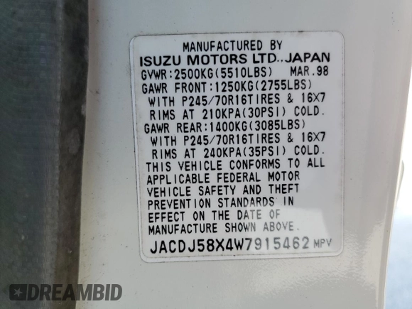 1998 Isuzu Trooper S с VIN JACDJ58X4W7915462, выставлен на аукционе Copart как лот 45632975 с пробегом 135 215 миль миль и Чистый • Clean title. История ставок и продаж доступна на DreamBid. Изображение 13.