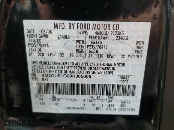 2009 Mercury Mariner z VIN 4M2CU91G09KJ05005, wystawiony jako Copart lot #53948974 z przebiegiem 183 351 mil mil oraz Szkoda całkowita • Salvage title. Historia ofert i sprzedaży dostępna na DreamBid. Obrazek 12.