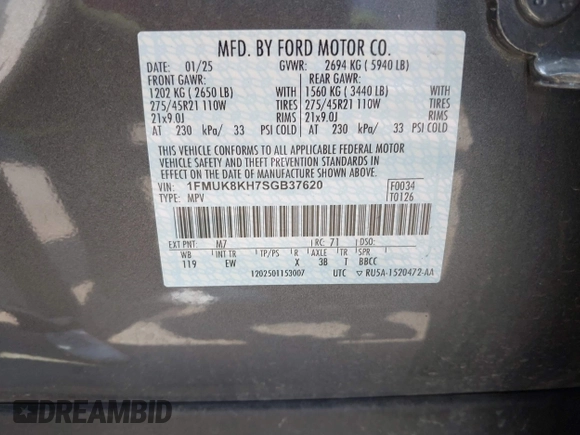 2025 Ford Explorer ST-Line with VIN 1FMUK8KH7SGB37620, listed as a IAAI auction lot 42553038 with 8,067 mi miles and . Bid and sale history available at DreamBid. Image 9.