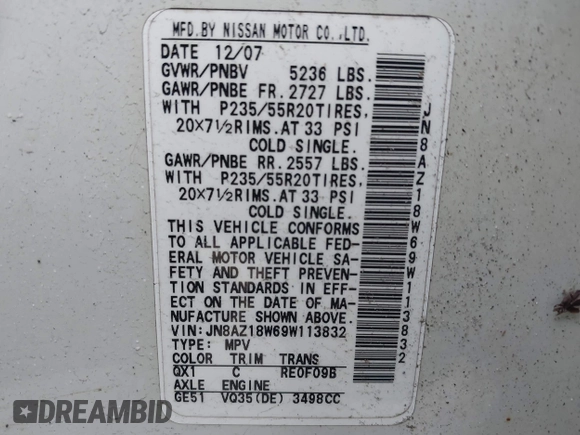 2009 Nissan Murano S with VIN JN8AZ18W69W113832, listed as a IAAI auction lot 41315201 with Not Provided miles and . Bid and sale history available at DreamBid. Image 9.