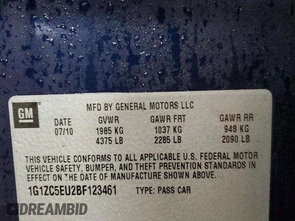 2011 Chevrolet Malibu 1LT with VIN 1G1ZC5EU2BF123461, listed as a Copart auction lot 50693745 with 135,757 mi miles and Salvage Title. Bid and sale history available at DreamBid. Image 12.