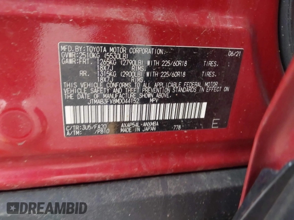 2021 Toyota RAV4 SE with VIN JTMAB3FV8MD044152, listed as a IAAI auction lot 42521714 with 142,710 mi miles and . Bid and sale history available at DreamBid. Image 9.