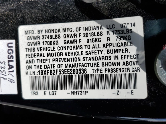 2014 Honda Civic LX z VIN 19XFB2F53EE260538, wystawiony jako Copart lot #56511555 z przebiegiem 132 121 mil mil oraz Szkoda całkowita • Salvage title. Historia ofert i sprzedaży dostępna na DreamBid. Obrazek 12.