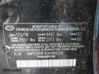 2016 Hyundai Sonata 2.4L SE with VIN 5NPE24AF9GH384299, listed as a Copart auction lot 51540645 with 166,035 mi miles and Clean Title. Bid and sale history available at carsss.com. Image 12.