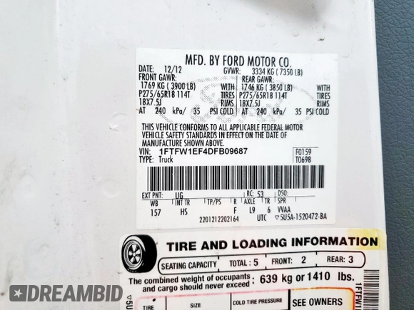 2013 Ford F-150 XL with VIN 1FTFW1EF4DFB09687, listed as a Copart auction lot 61425915 with 206,162 mi miles and Clean title. Bid and sale history available at DreamBid. Image 12.
