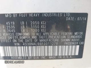 2015 Subaru Legacy 2.5i Limited with VIN 4S3BNAL66F3011270, listed as a IAAI auction lot 42047227 with 172,473 mi miles. Bid and sale history available at carsss.com. Image 9.