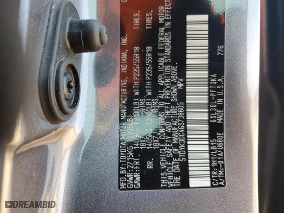 2016 Toyota Sienna XLE with VIN 5TDYK3DC4GS738605, listed as a Copart auction lot 43719005 with 116,614 mi miles and Salvage Title. Bid and sale history available at carsss.com. Image 16.