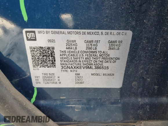 2021 Chevrolet Equinox LT with VIN 3GNAXKEV9ML386515, listed as a Copart auction lot 53564645 with 110,722 mi miles and Salvage title. Bid and sale history available at DreamBid. Image 14.