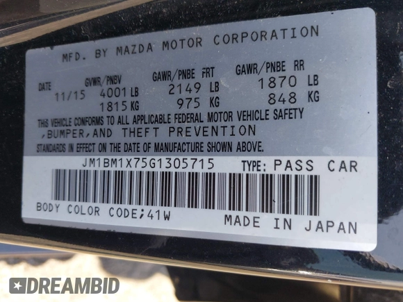 2016 Mazda 3 i Grand Touring with VIN JM1BM1X75G1305715, listed as a IAAI auction lot 42240616 with 65,400 mi miles and . Bid and sale history available at DreamBid. Image 9.