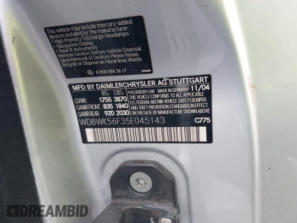 2005 Mercedes-Benz SLK 230/320 с VIN WDBWK56F35F045143, выставлен на аукционе IAAI как лот 42014710 с пробегом 96 868 миль миль и . История ставок и продаж доступна на DreamBid. Изображение 9.