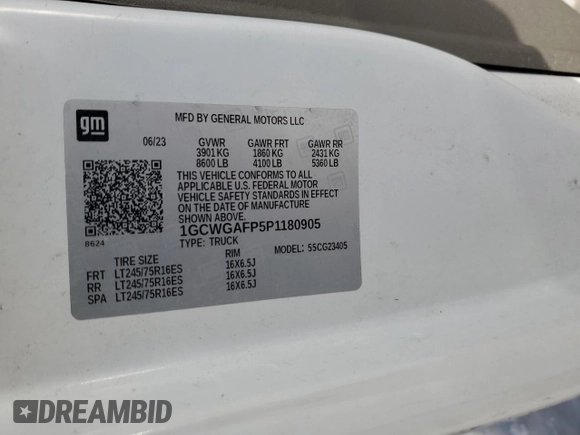 2023 Chevrolet Express Cargo z VIN 1GCWGAFP5P1180905, wystawiony jako Copart lot #87729115 z przebiegiem Nie podano mil oraz Nie do naprawy • Non repairable. Historia ofert i sprzedaży dostępna na DreamBid. Obrazek 13.
