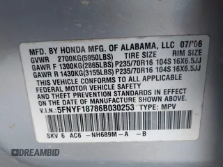 2006 Honda Pilot EX-L with VIN 5FNYF18786B030253, listed as a IAAI auction lot 41708620 with 146,713 mi miles and . Bid and sale history available at DreamBid. Image 9.