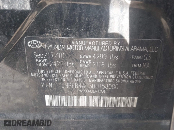 2011 Hyundai Sonata GLS with VIN 5NPEB4AC3BH158080, listed as a IAAI auction lot 42126511 with 176,000 mi miles and . Bid and sale history available at carsss.com. Image 9.