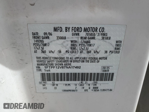 2007 Ford F-150 XL with VIN 1FTPF12V87NA17492, listed as a Copart auction lot 50325105 with 398,205 mi miles and Salvage Title. Bid and sale history available at carsss.com. Image 12.