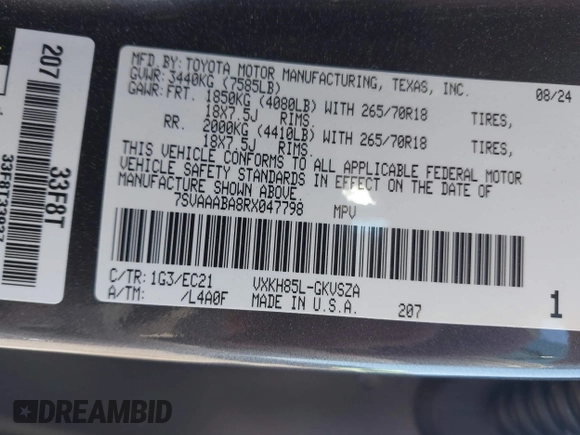 2024 Toyota Sequoia SR5 with VIN 7SVAAABA8RX047798, listed as a IAAI auction lot 41812410 with 7,411 mi miles. Bid and sale history available at carsss.com. Image 9.