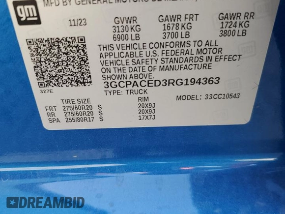2024 Chevrolet Silverado 1500 LT with VIN 3GCPACED3RG194363, listed as a Copart auction lot 49748415 with 31,627 mi miles and Salvage Title. Bid and sale history available at DreamBid. Image 14.