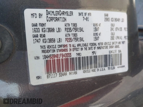 2001 Dodge Durango z VIN 1B4HS28N81F643555, wystawiony jako IAAI lot #42725611 z przebiegiem 271 428 mil mil oraz . Historia ofert i sprzedaży dostępna na DreamBid. Obrazek 9.