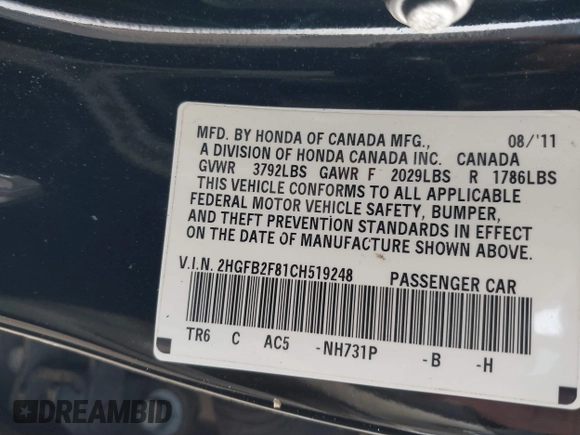 2012 Honda Civic EX with VIN 2HGFB2F81CH519248, listed as a IAAI auction lot 41452826 with 180,853 mi miles and . Bid and sale history available at DreamBid. Image 9.