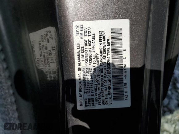 2013 Honda Odyssey EX-L with VIN 5FNRL5H61DB030264, listed as a Copart auction lot 50453505 with 182,015 mi miles and Salvage Title. Bid and sale history available at carsss.com. Image 13.