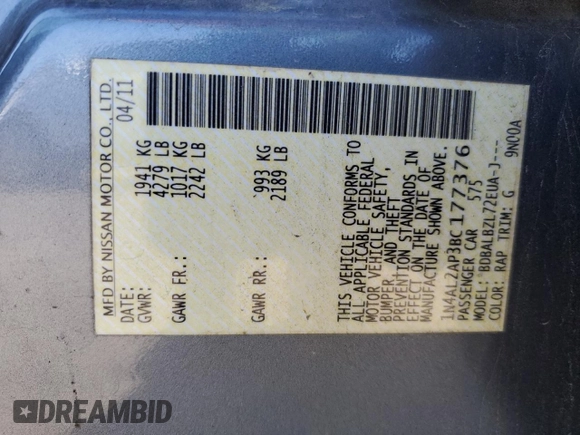 2011 Nissan Altima S with VIN 1N4AL2AP3BC177376, listed as a Copart auction lot 84323934 with 157,110 mi miles and Salvage title. Bid and sale history available at DreamBid. Image 14.