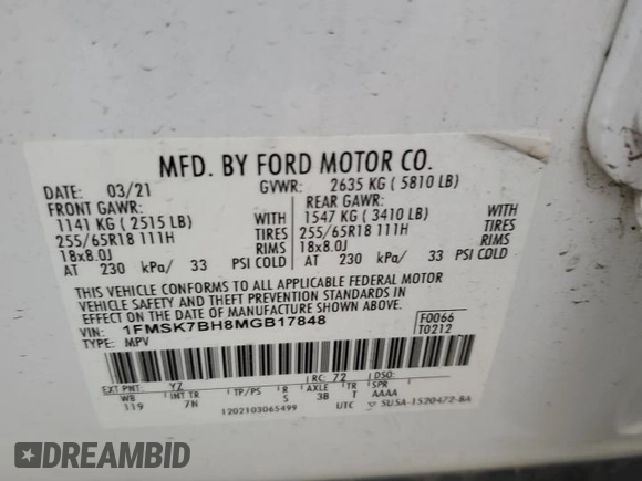 2021 Ford Explorer with VIN 1FMSK7BH8MGB17848, listed as a Copart auction lot 44960705 with 45,305 mi miles and Salvage Title. Bid and sale history available at carsss.com. Image 14.