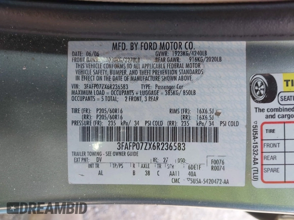 2006 Ford Fusion SE with VIN 3FAFP07ZX6R236583, listed as a IAAI auction lot 41798474 with 173,399 mi miles and . Bid and sale history available at DreamBid. Image 9.