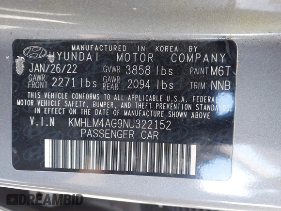 2022 Hyundai Elantra SEL with VIN KMHLM4AG9NU322152, listed as a IAAI auction lot 41630794 with 68,287 mi miles and . Bid and sale history available at DreamBid. Image 9.