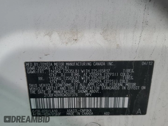 2012 Toyota RAV4 Limited with VIN 2T3DF4DV8CW207376, listed as a Copart auction lot 52710745 with 131,111 mi miles and Salvage Title. Bid and sale history available at carsss.com. Image 13.