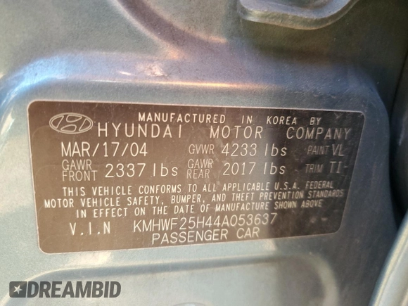 2004 Hyundai Sonata with VIN KMHWF25H44A053637, listed as a Copart auction lot 45029955 with 215,222 mi miles and Salvage Title. Bid and sale history available at carsss.com. Image 12.