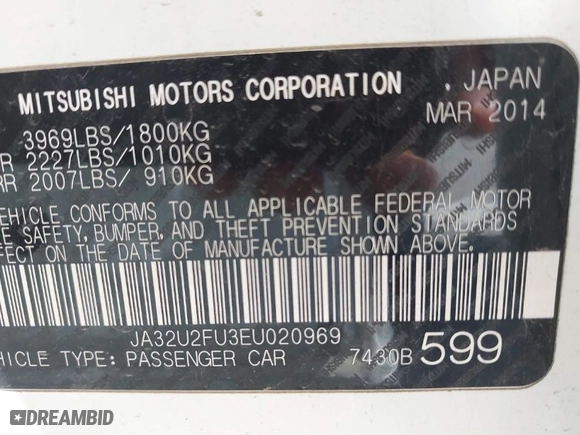 2014 Mitsubishi Lancer ES with VIN JA32U2FU3EU020969, listed as a IAAI auction lot 40337757 with 1 mi miles. Bid and sale history available at carsss.com. Image 9.