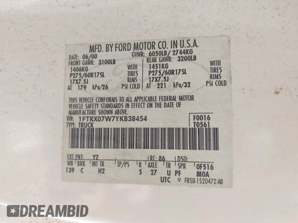 2000 Ford F-150 XL with VIN 1FTRX07W7YKB38454, listed as a IAAI auction lot 42185983 with 260,423 mi miles and . Bid and sale history available at DreamBid. Image 9.