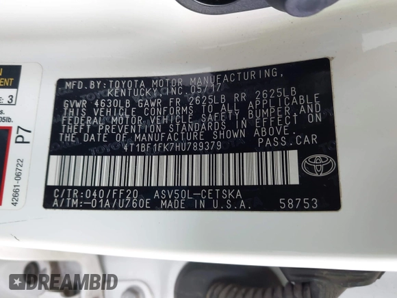 2017 Toyota Camry XLE with VIN 4T1BF1FK7HU789379, listed as a IAAI auction lot 41922886 with 198,265 mi miles. Bid and sale history available at carsss.com. Image 9.