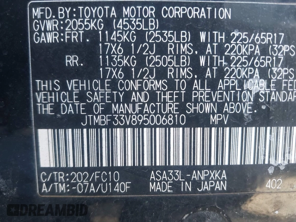 2009 Toyota RAV4 with VIN JTMBF33V895006810, listed as a IAAI auction lot 41734941 with 87,960 mi miles. Bid and sale history available at carsss.com. Image 9.