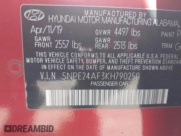 2019 Hyundai Sonata SE with VIN 5NPE24AF3KH790250, listed as a IAAI auction lot 41997452 with 109,432 mi miles and . Bid and sale history available at carsss.com. Image 9.