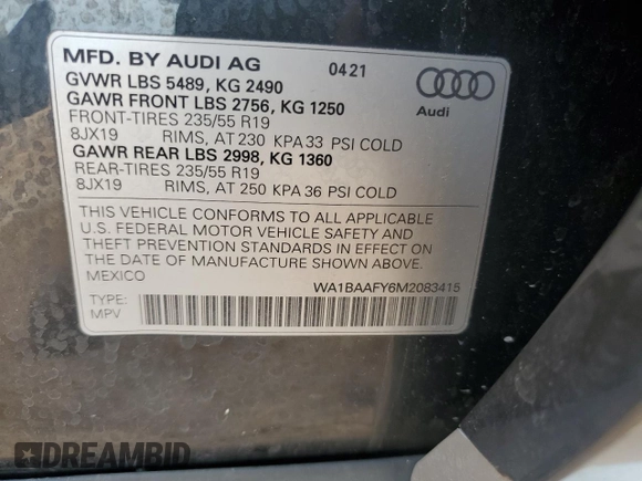 2021 Audi Q5 Premium Plus with VIN WA1BAAFY6M2083415, listed as a Copart auction lot 58831785 with 21,055 mi miles and Salvage title. Bid and sale history available at DreamBid. Image 13.