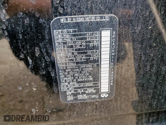 2019 Infiniti QX50 Luxe with VIN 3PCAJ5M11KF139348, listed as a Copart auction lot 62940735 with 36,969 mi miles and Salvage title. Bid and sale history available at DreamBid. Image 14.