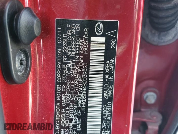 2011 Lexus CT 200h with VIN JTHKD5BH4B2039323, listed as a Copart auction lot 56288685 with Not provided miles and Clean title. Bid and sale history available at DreamBid. Image 13.
