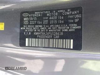 2015 Hyundai Genesis Coupe 3.8L Base with VIN KMHHT6KJ4FU128418, listed as a IAAI auction lot 42391336 with 90,197 mi miles and . Bid and sale history available at DreamBid. Image 9.