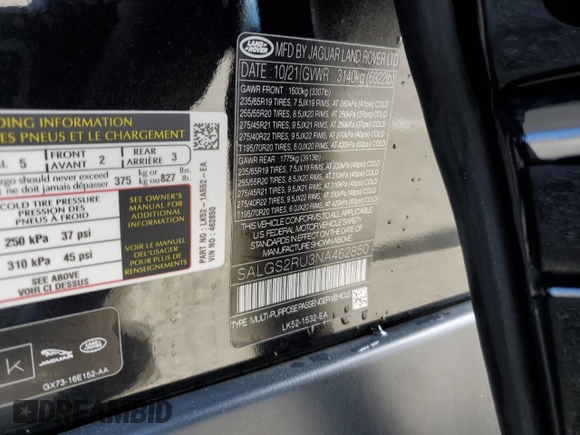 2022 Land Rover Range Rover Westminster z VIN SALGS2RU3NA462850, wystawiony jako Copart lot #45428425 z przebiegiem 14 589 mil mil oraz Szkoda całkowita • Salvage title. Historia ofert i sprzedaży dostępna na DreamBid. Obrazek 16.