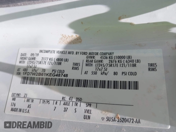2019 Ford F-250 XL with VIN 1FD7W2B61KEG48748, listed as a IAAI auction lot 42560434 with 161,957 mi miles and . Bid and sale history available at DreamBid. Image 9.
