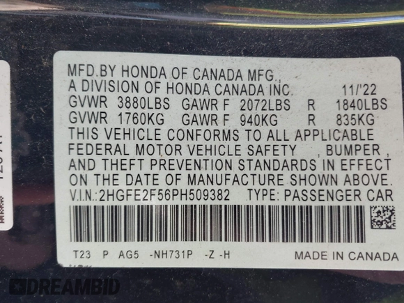 2023 Honda Civic Sport with VIN 2HGFE2F56PH509382, listed as a IAAI auction lot 42296205 with 125,584 mi miles and . Bid and sale history available at DreamBid. Image 9.