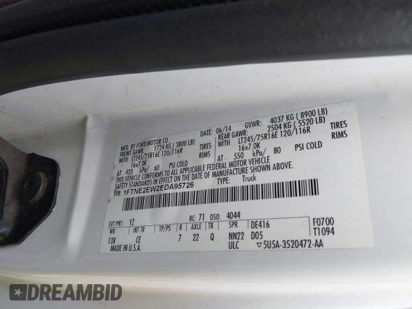 2014 Ford Econoline Cargo Commercial with VIN 1FTNE2EW2EDA95726, listed as a IAAI auction lot 42624814 with 262,321 mi miles and . Bid and sale history available at DreamBid. Image 9.