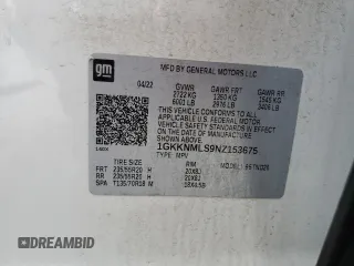 2022 GMC Acadia SLT with VIN 1GKKNMLS9NZ153675, listed as a Copart auction lot 54005055 with 61,750 mi miles and Salvage Title. Bid and sale history available at carsss.com. Image 13.