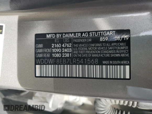 2020 Mercedes-Benz C 300 with VIN WDDWF8EB7LR541568, listed as a Copart auction lot 55148375 with Not provided miles and Salvage title. Bid and sale history available at DreamBid. Image 12.